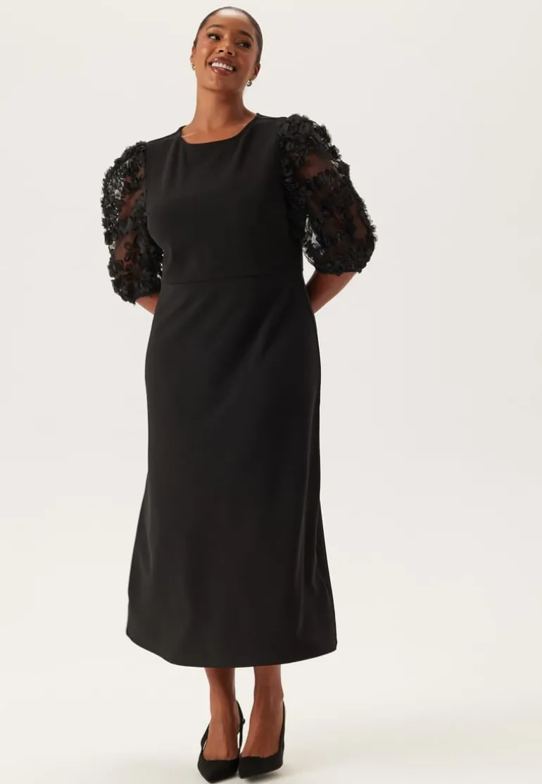 3D Floral Sleeve Midi Dress