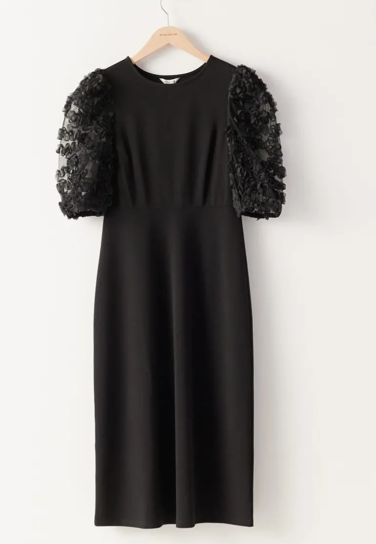 3D Floral Sleeve Midi Dress