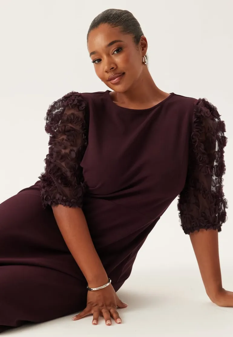 3D Floral Sleeve Midi Dress