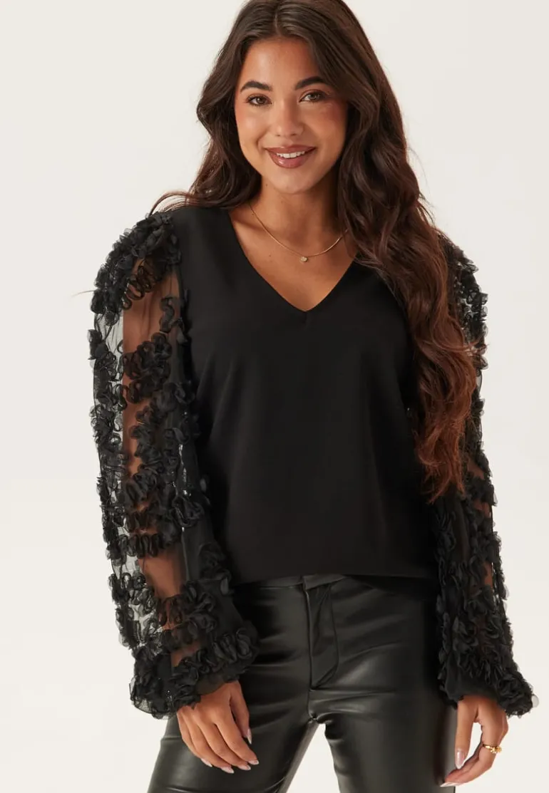 3D Floral Sleeve V-neck Top