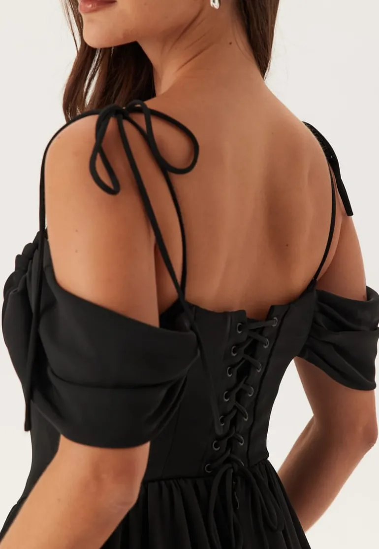 Draped Off Shoulder Corset Midi Dress