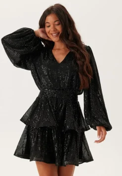 Flounce Balloon Sleeve Sequin Dress