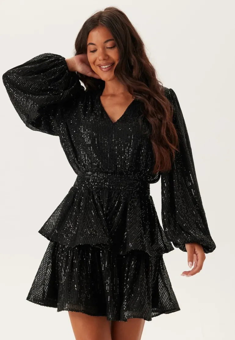 Flounce Balloon Sleeve Sequin Dress