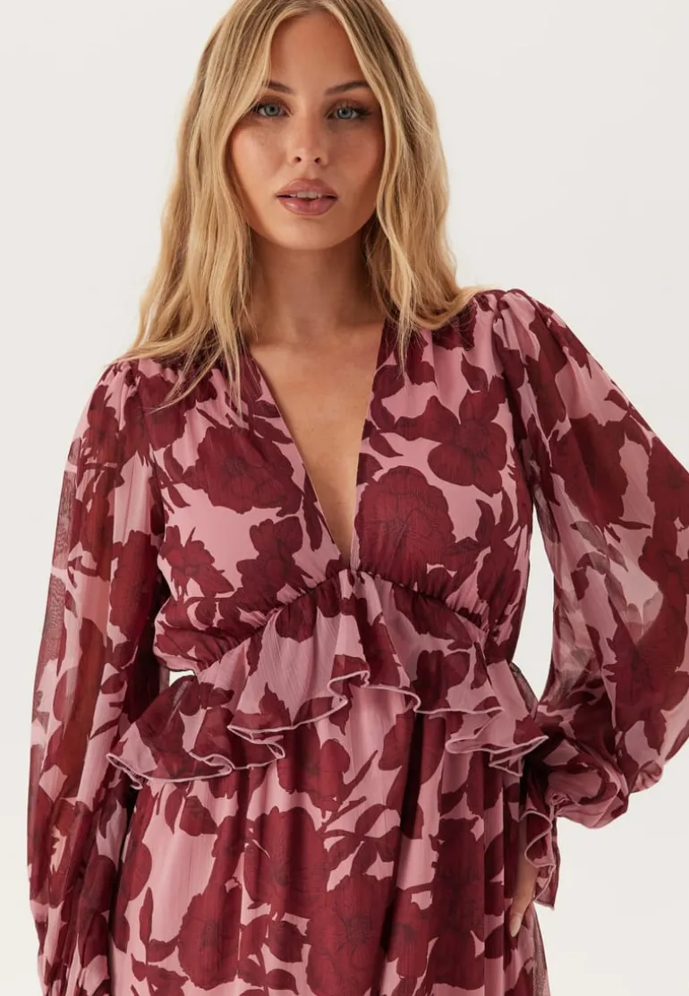 Frill L/S Chiffon Midi Dress