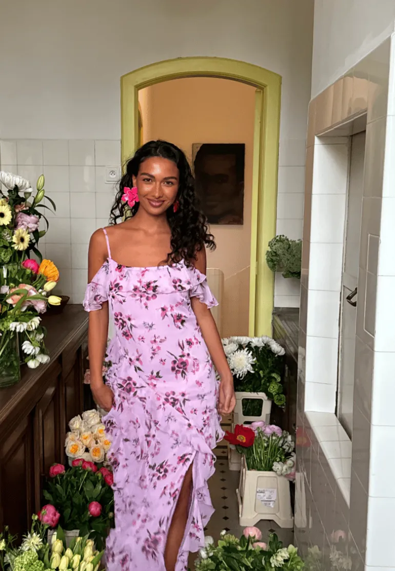 Peaky Shoulder Flounce Maxi Dress