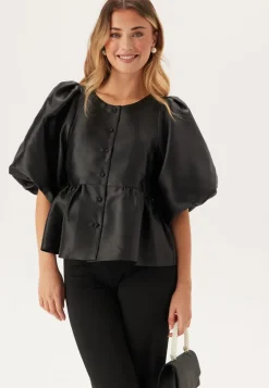 Puff Sleeve Peplum Satin Blouse