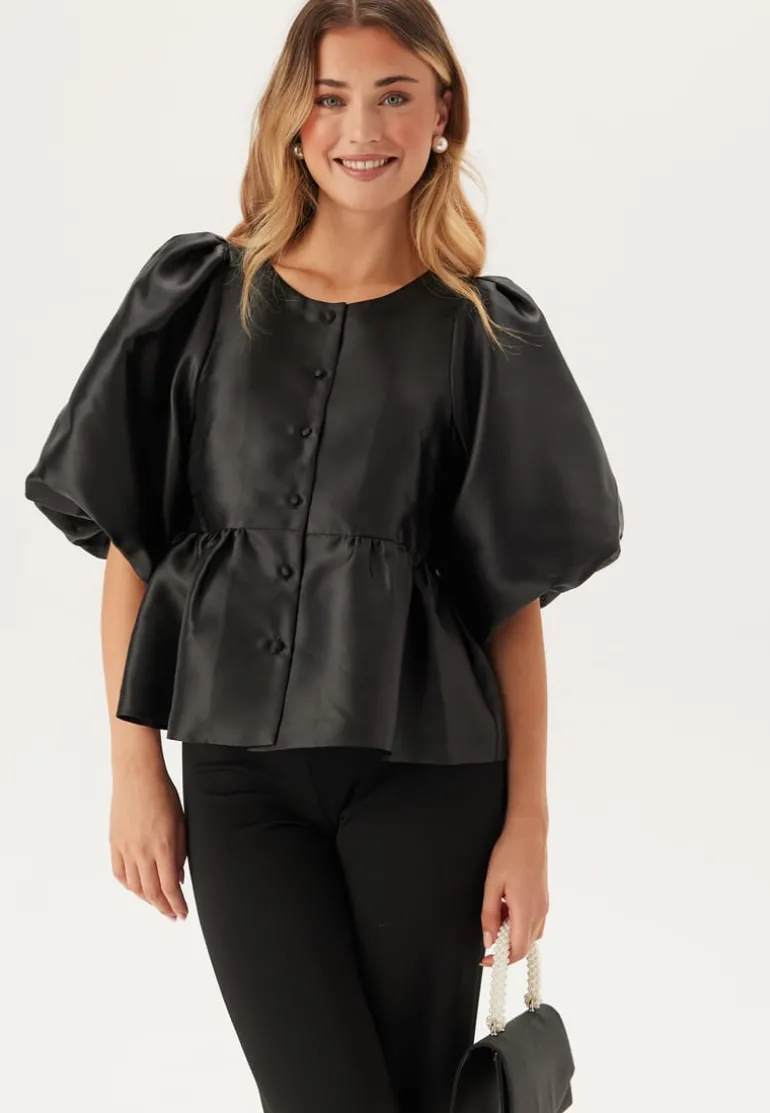 Puff Sleeve Peplum Satin Blouse