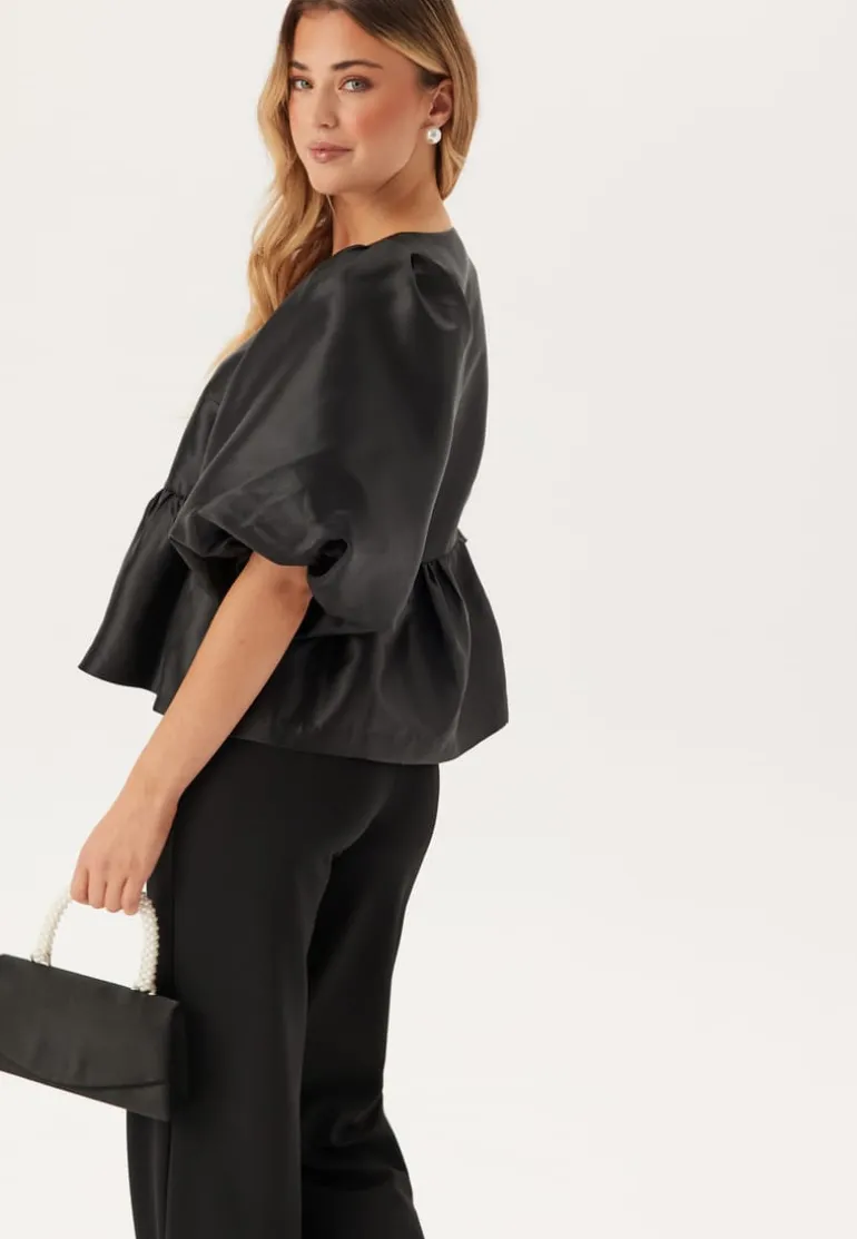 Puff Sleeve Peplum Satin Blouse