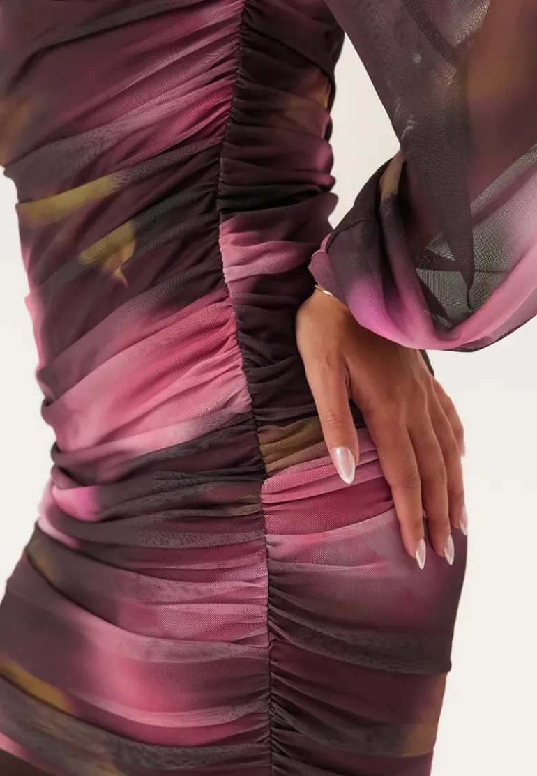 Ruched Mesh Mini Dress