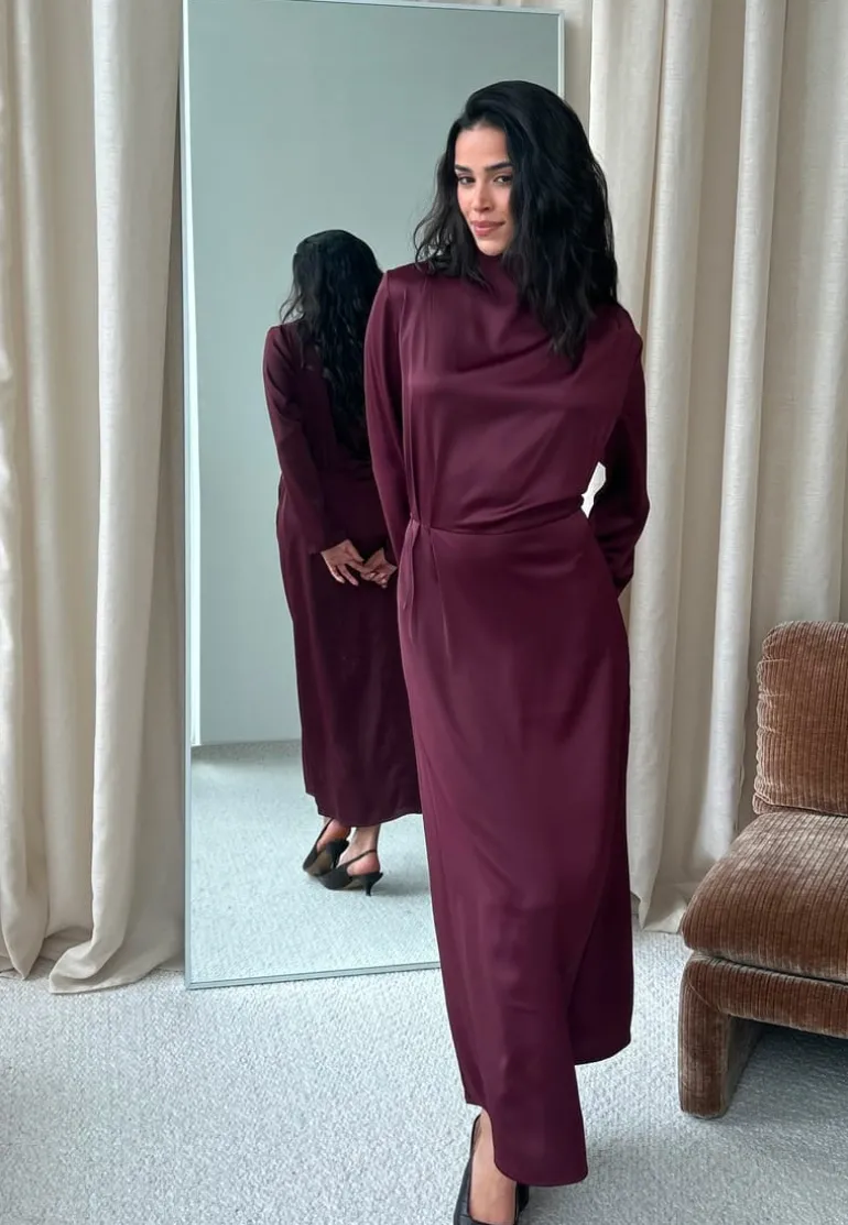 Satin High Collar Midi Dress