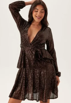 Sequin Deep V Ruffle Skater Dress