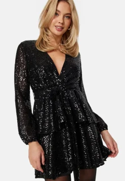 Sequin Deep V Ruffle Skater Dress