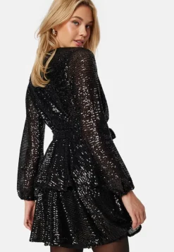 Sequin Deep V Ruffle Skater Dress